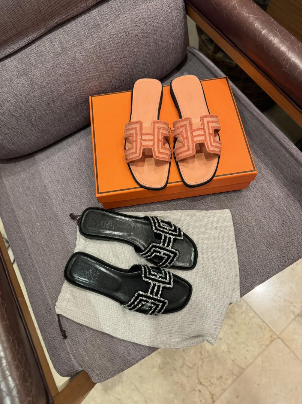 HERMES H crystal slippers 133630
