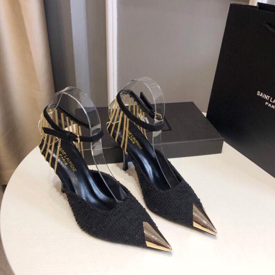 SAINT LAURENT YSL tassels woolen heel lady shoes