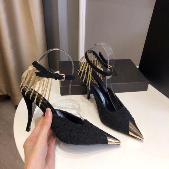SAINT LAURENT YSL tassels woolen heel lady shoes