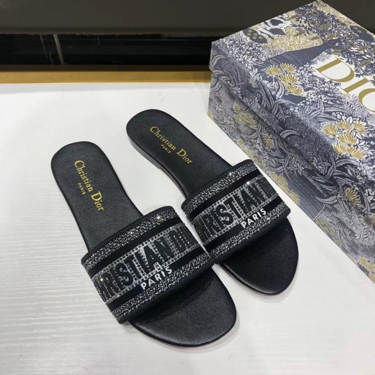 Dior Black flat slippers with crystal on