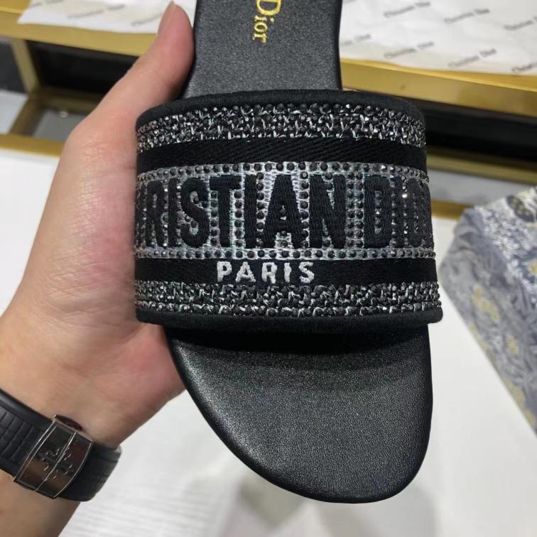 Dior Black flat slippers with crystal on