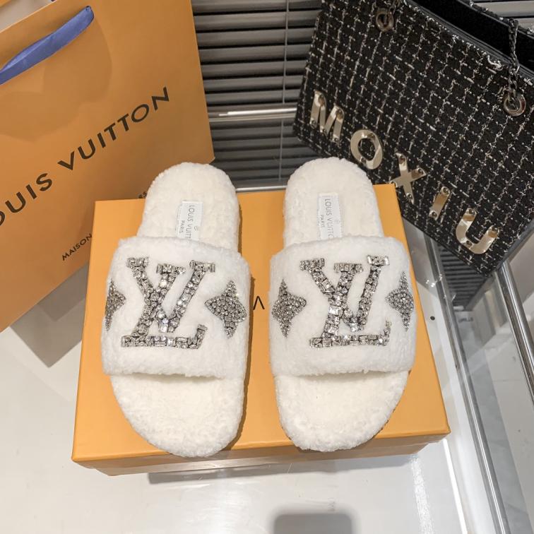 Louis Vuitton winter LV Crystal fur flat shoes